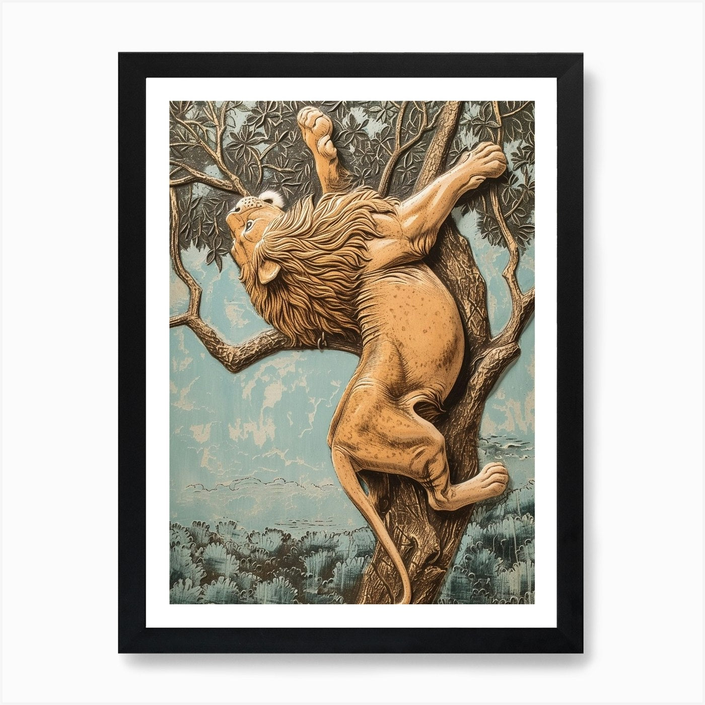 African Lion Relief Illustration Cl Framed Wall Art Poster Canvas Print Picture