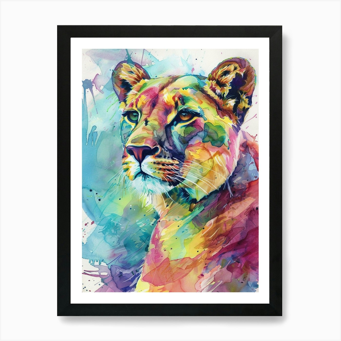 Mountain Lion Colourful Watercolour Framed Wall Art Poster Canvas Print Picture