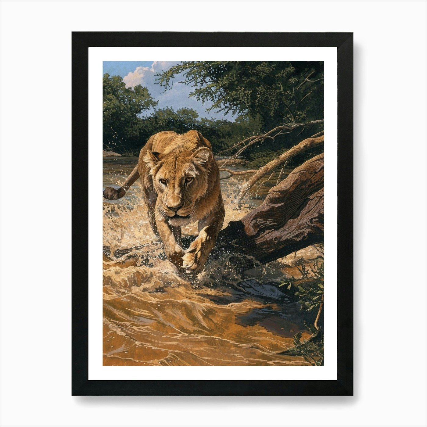 African Lion Relief Illustration Cr Framed Wall Art Poster Canvas Print Picture