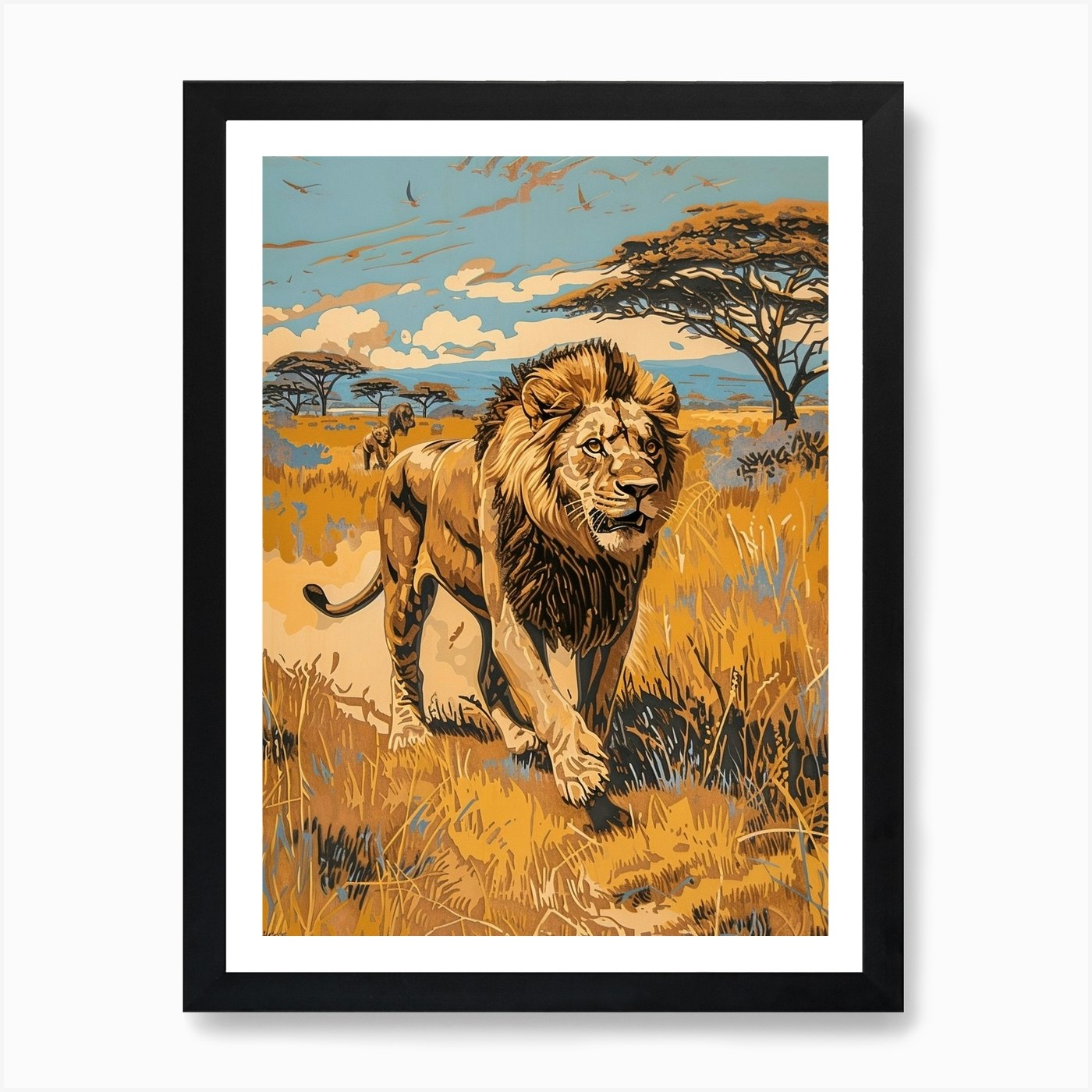 African Lion Relief Illustration Hu Framed Wall Art Poster Canvas Print Picture