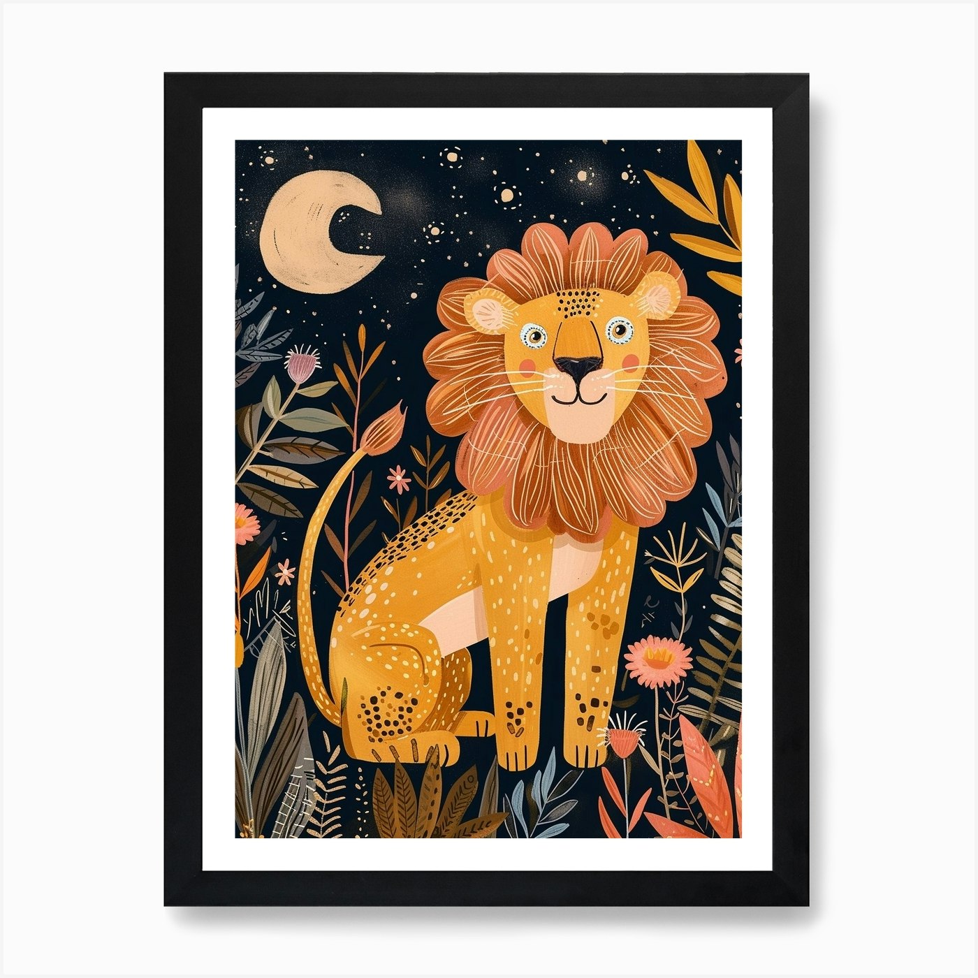 Barbary Lion Night Hunt Illustratio Framed Wall Art Poster Canvas Print Picture