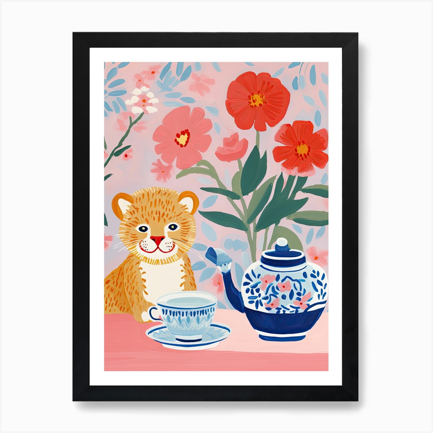Animals Having Tea Lion 4 Art Print Framed Wall Art Poster Canvas Print Picture