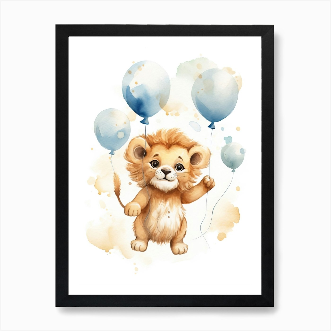 Baby Lion Flying With Ballons, Wate Framed Wall Art Poster Canvas Print Picture