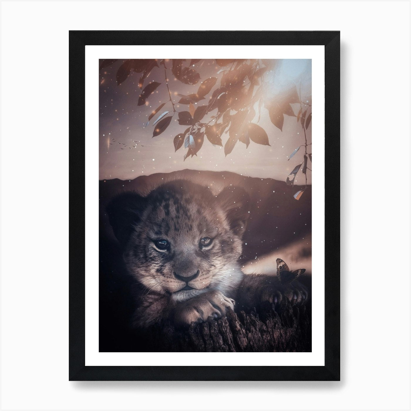 Cute Baby Lion On A Tree Stump 1 Ar Framed Wall Art Poster Canvas Print Picture