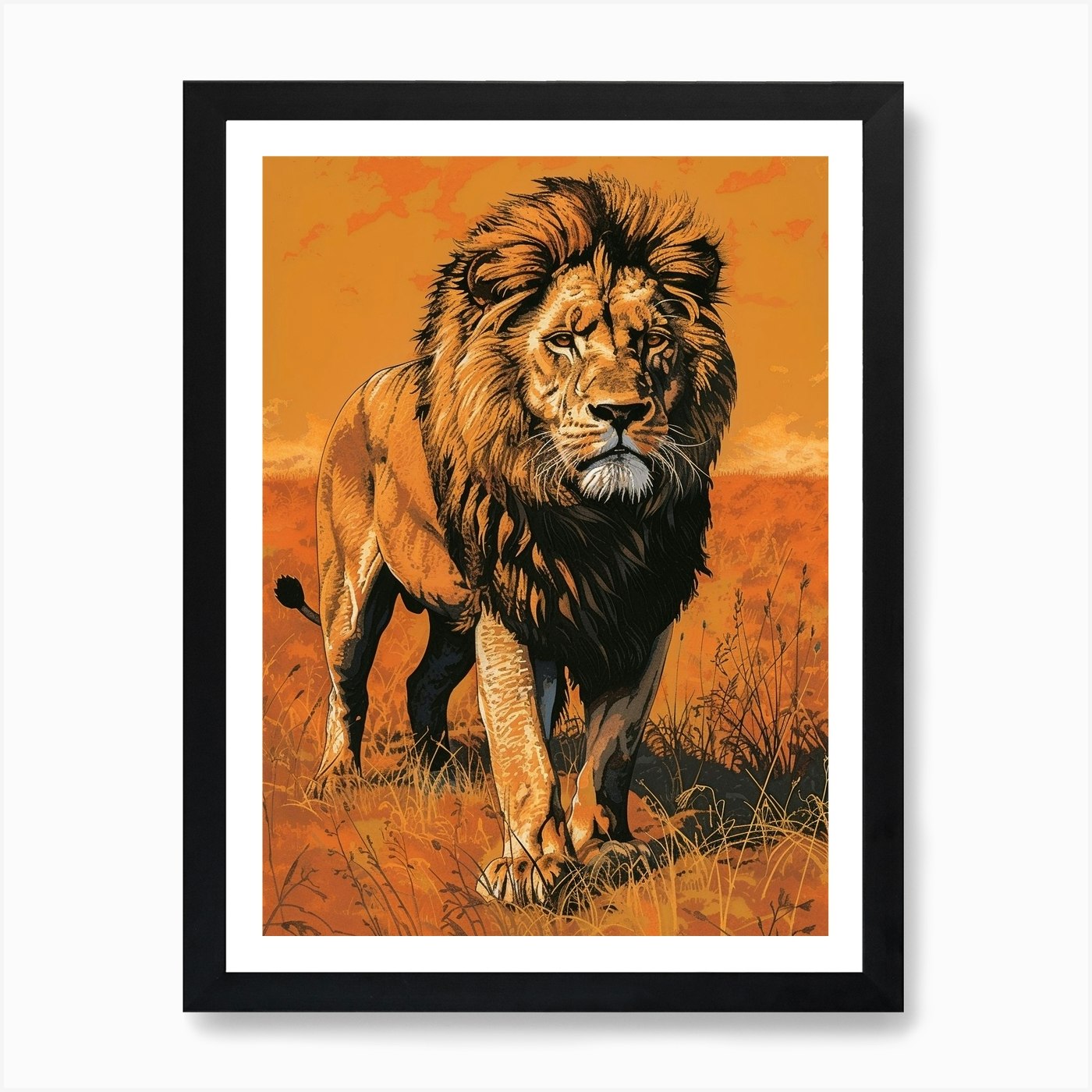 African Lion Relief Illustration Sy Framed Wall Art Poster Canvas Print Picture