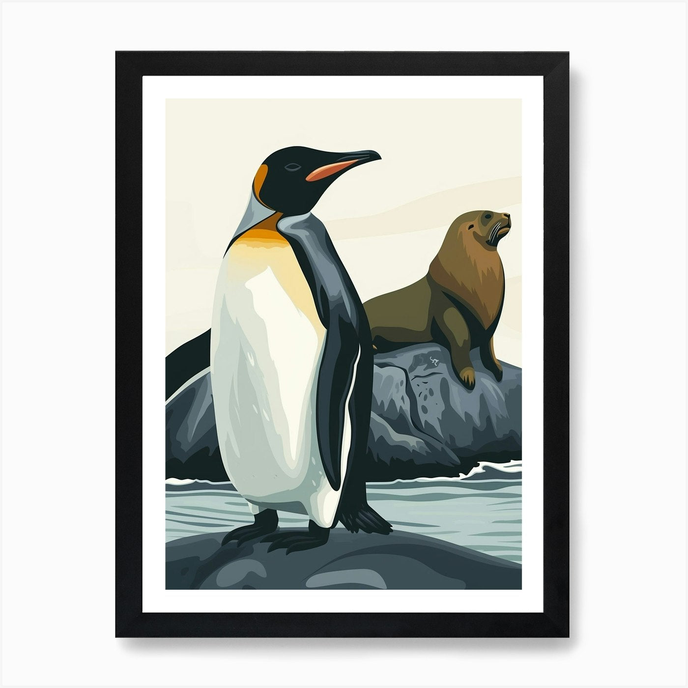 King Penguin Sea Lion Island Minima Framed Wall Art Poster Canvas Print Picture