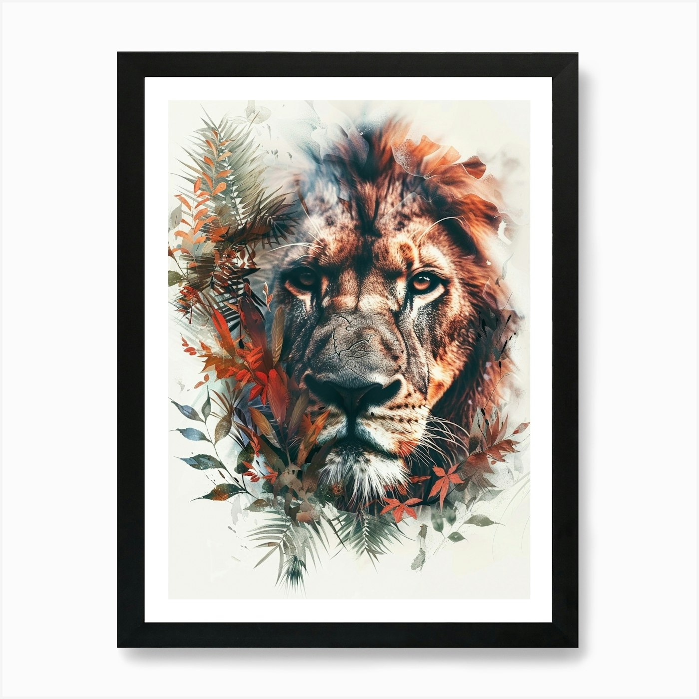 Double Exposure Realistic Lion With Framed Wall Art Poster Canvas Print Picture