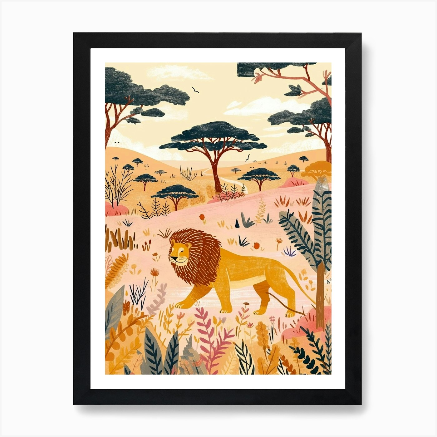 African Lion Hunting In The Savanna Framed Wall Art Poster Canvas Print Picture