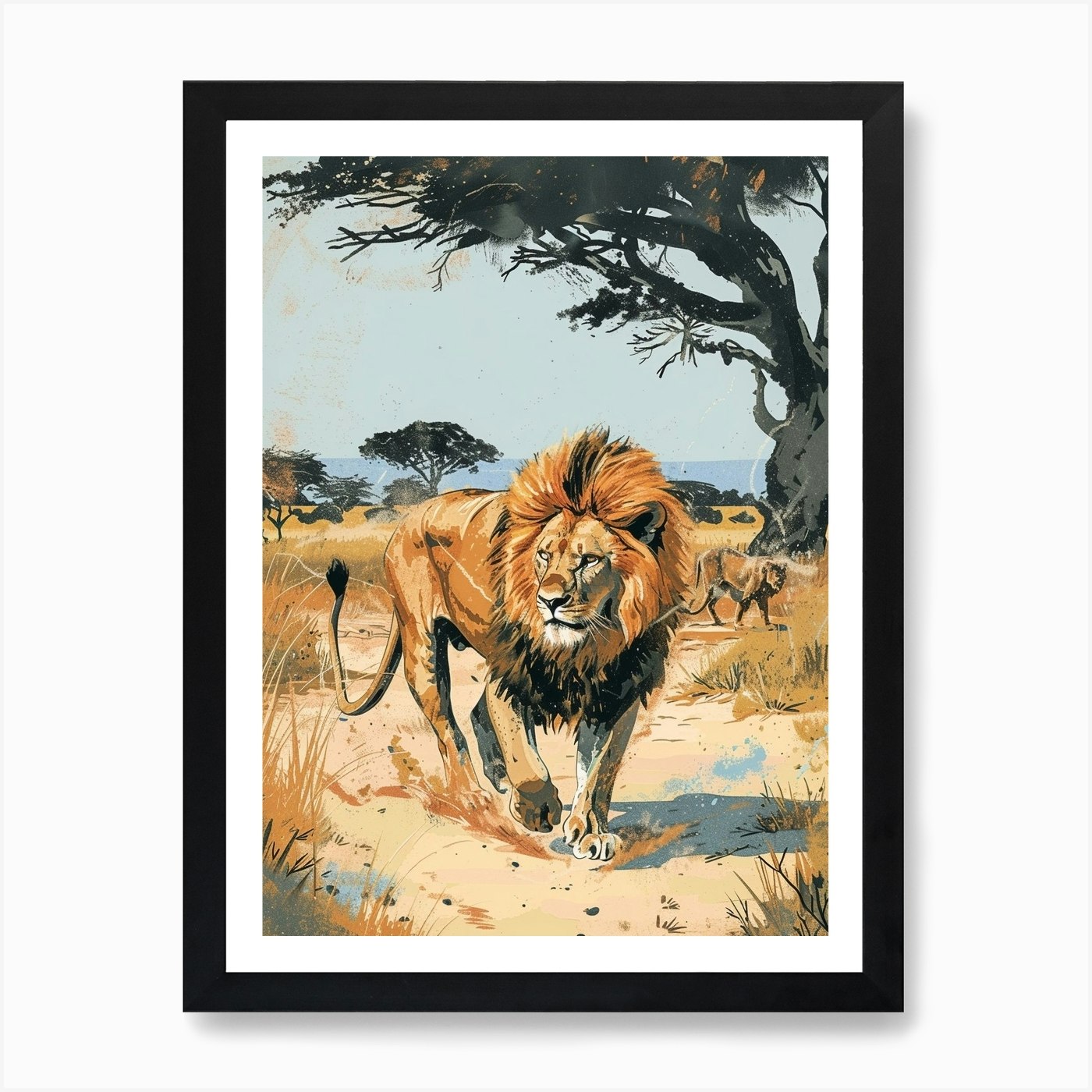Barbary Lion Hunting Illustration 3 Framed Wall Art Poster Canvas Print Picture