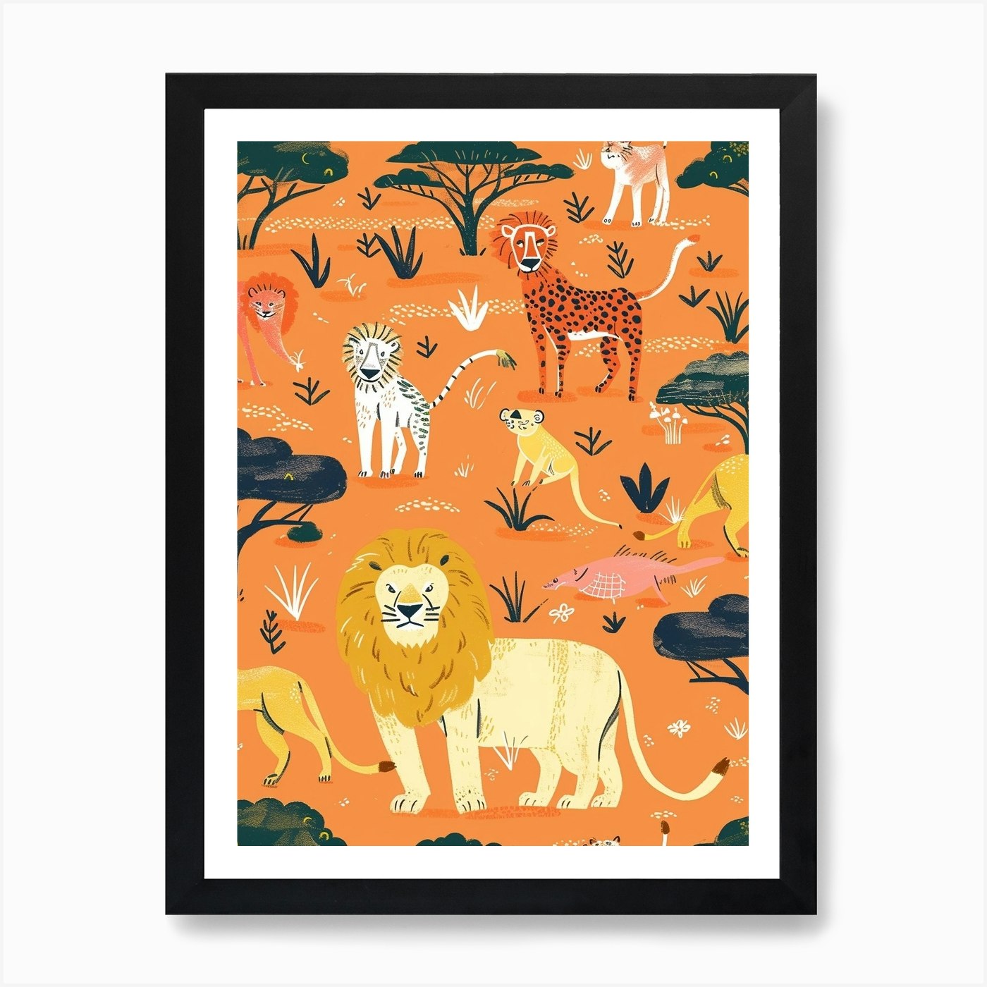 African Lion Interaction With Other Framed Wall Art Poster Canvas Print Picture