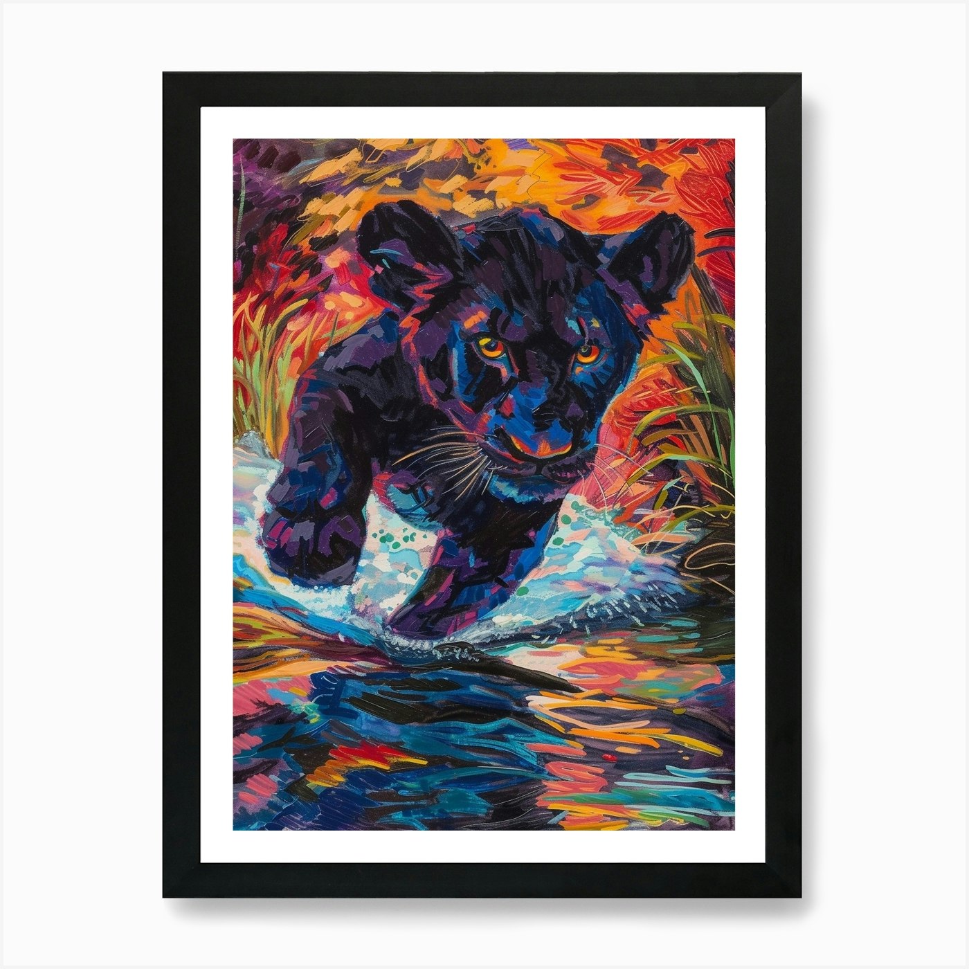 Black Lion Crossing A River Fauvist Framed Wall Art Poster Canvas Print Picture