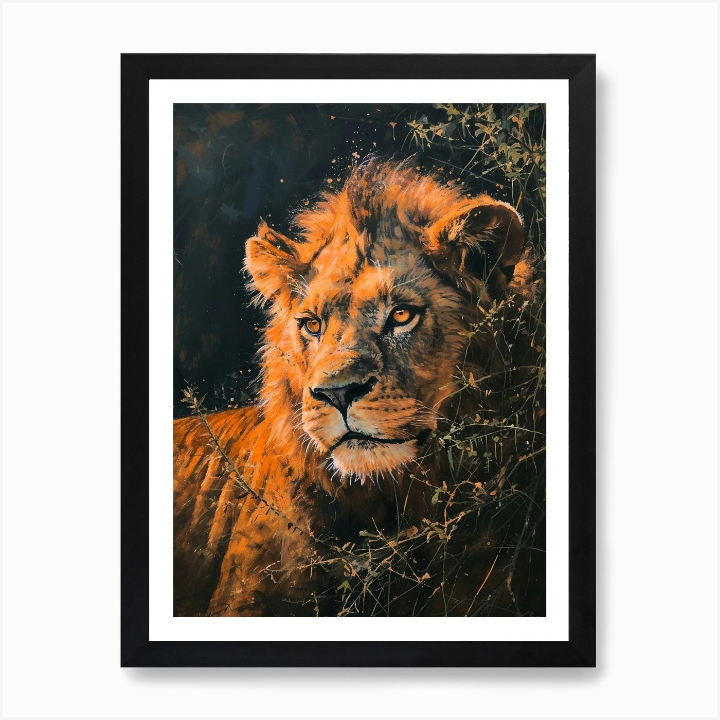 Barbary Lion Night Hunt Acrylic Pai Framed Wall Art Poster Canvas Print Picture