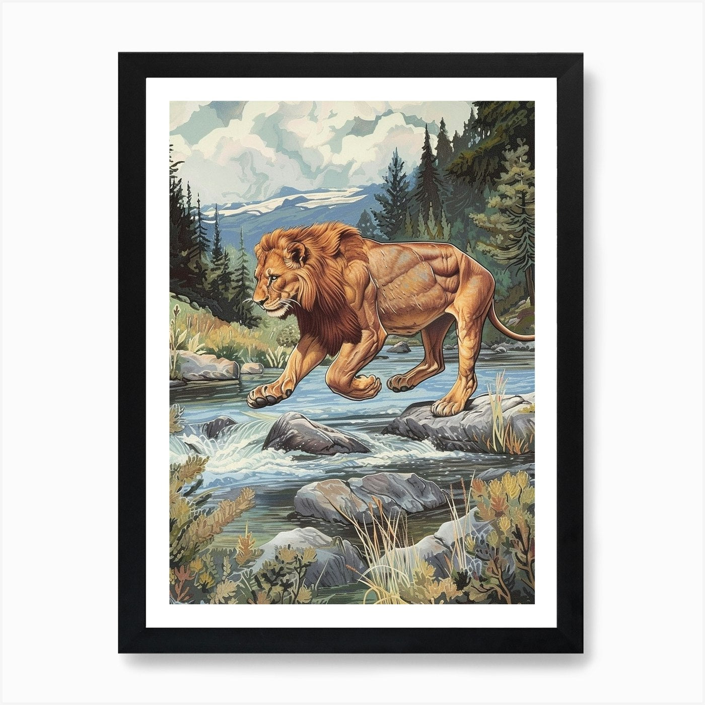 Barbary Lion Relief Illustration Cr Framed Wall Art Poster Canvas Print Picture