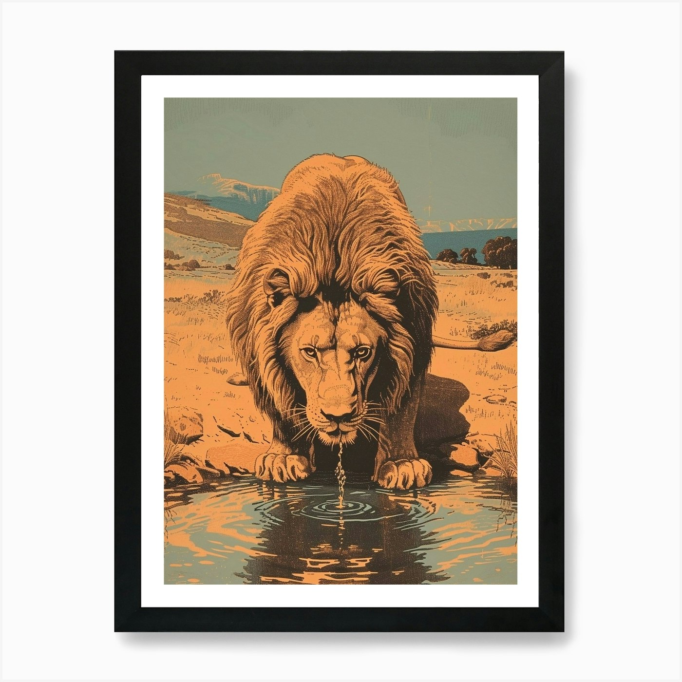 Barbary Lion Relief Illustration Dr Framed Wall Art Poster Canvas Print Picture