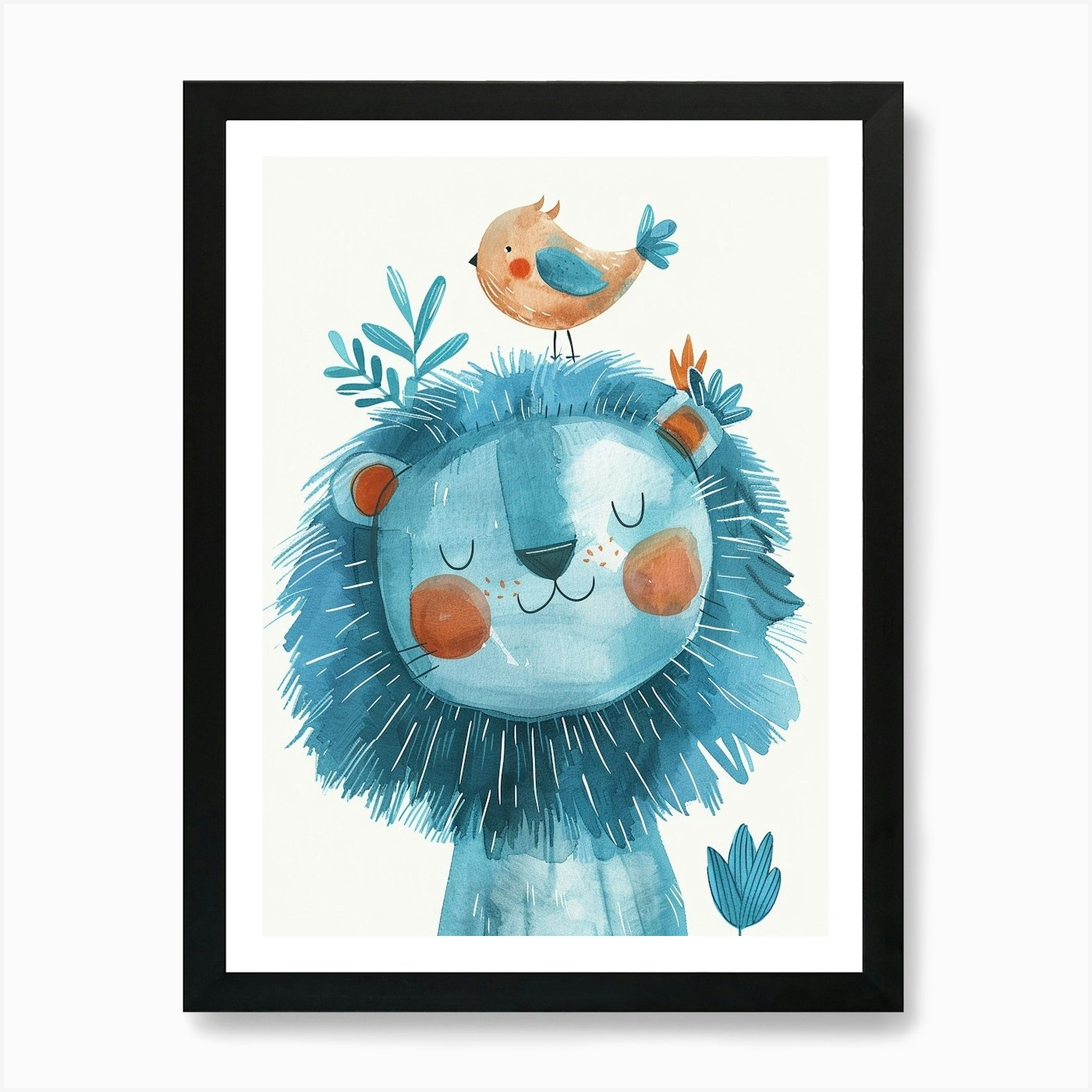 Small Joyful Lion With A Bird On It Framed Wall Art Poster Canvas Print Picture