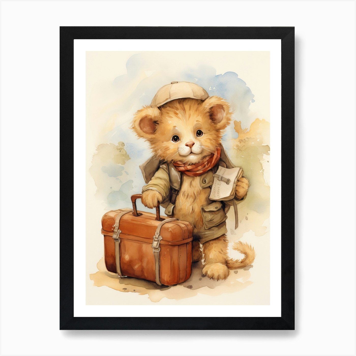 Traveling Watercolour Lion Art Pain Framed Wall Art Poster Canvas Print Picture