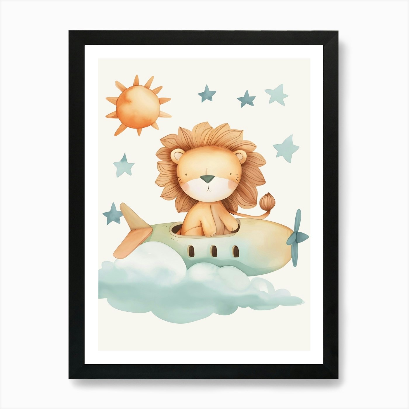 Lion Flying In The Sky Kids and Nur Framed Wall Art Poster Canvas Print Picture