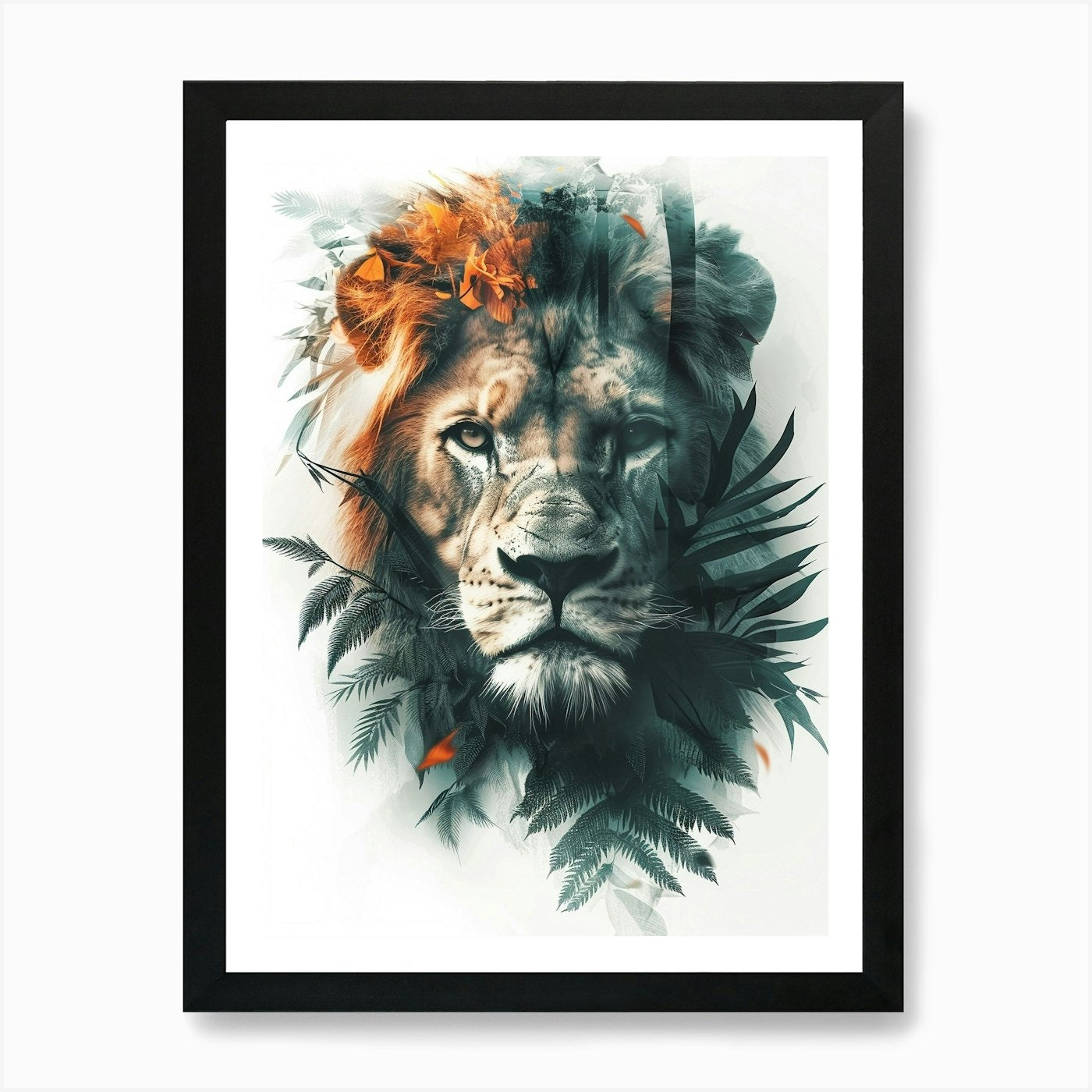 Double Exposure Realistic Lion With Framed Wall Art Poster Canvas Print Picture