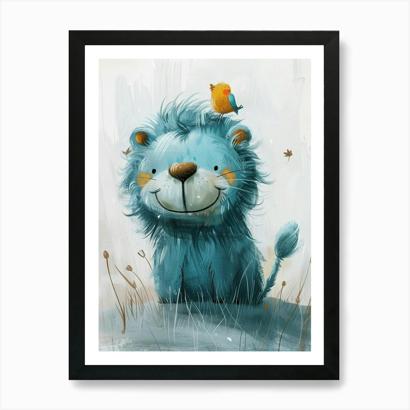 Small Joyful Lion With A Bird On It Framed Wall Art Poster Canvas Print Picture