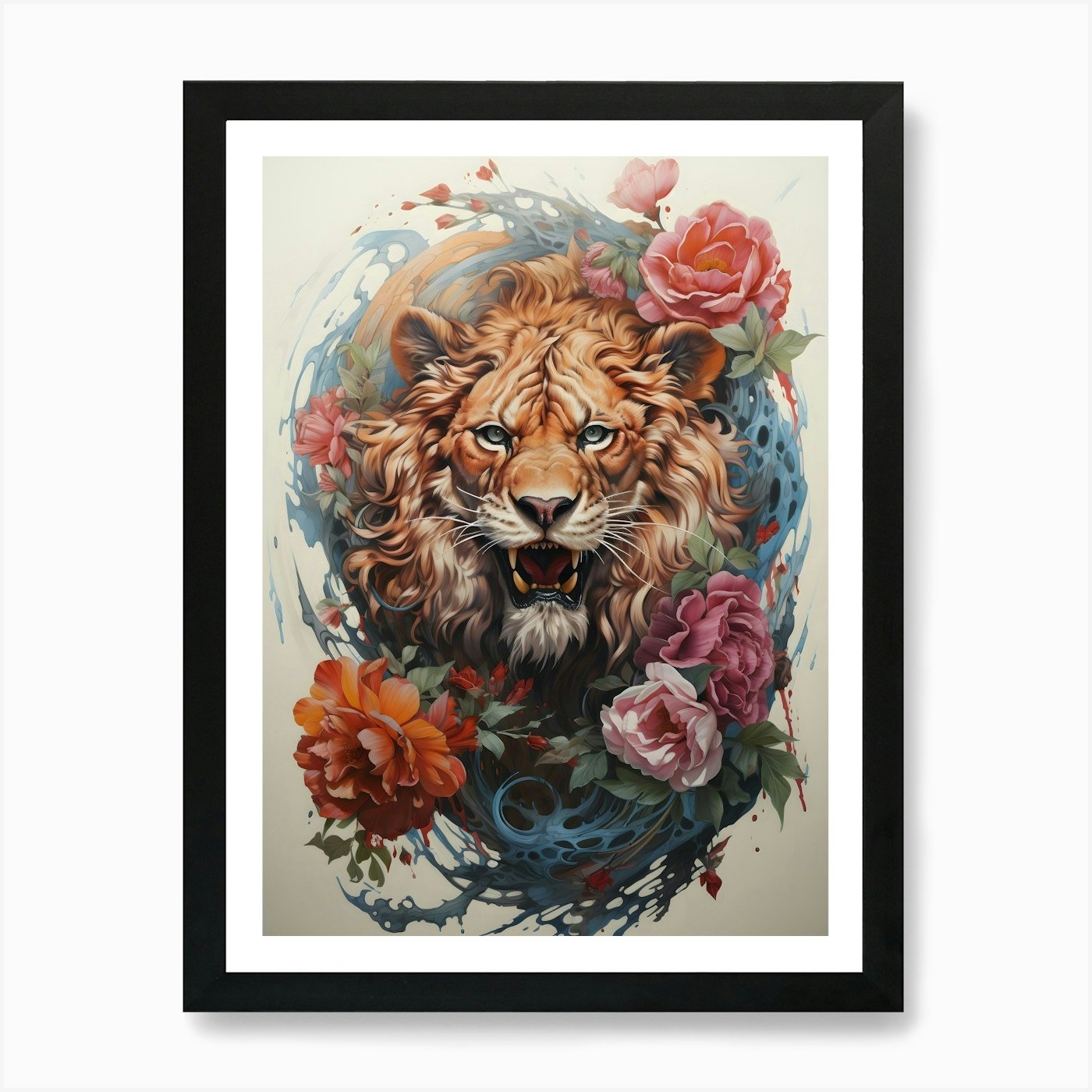 Lion With Flowers Art Print Framed Wall Art Poster Canvas Print Picture