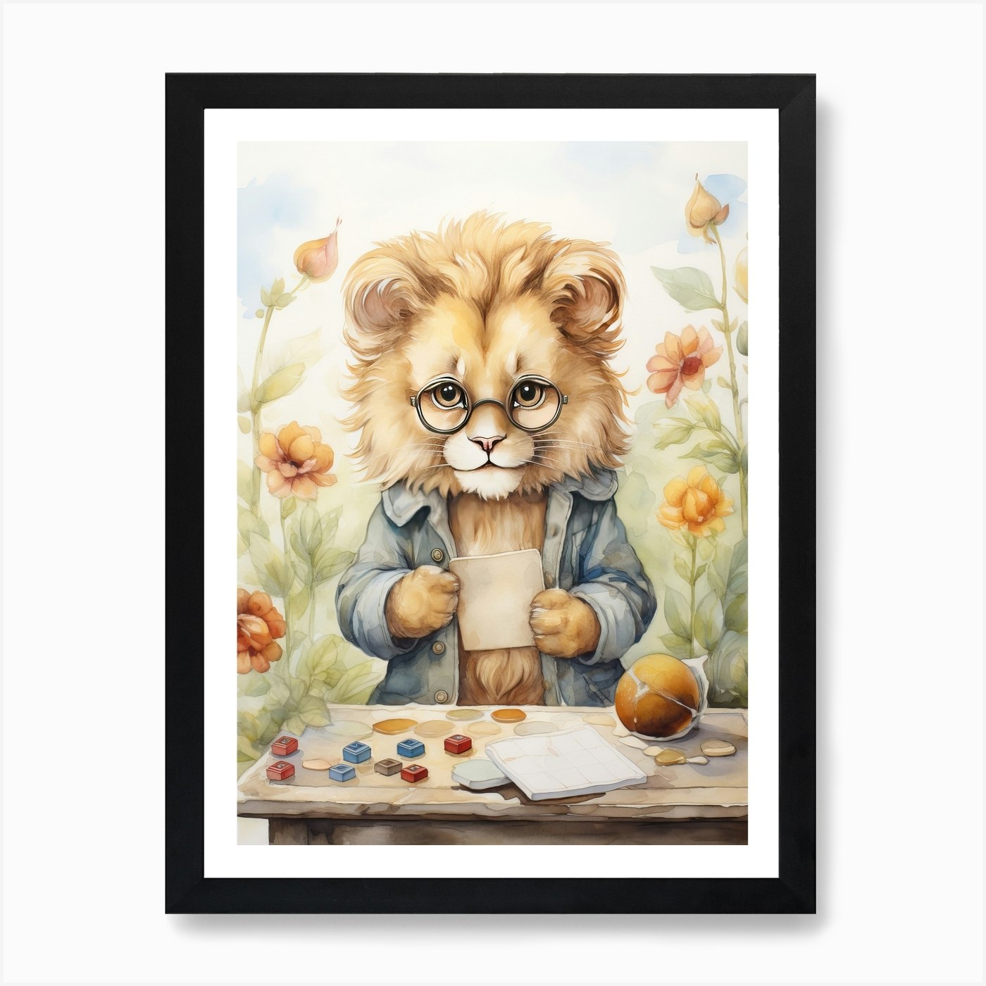 Playing Games Watercolour Lion Art Framed Wall Art Poster Canvas Print Picture