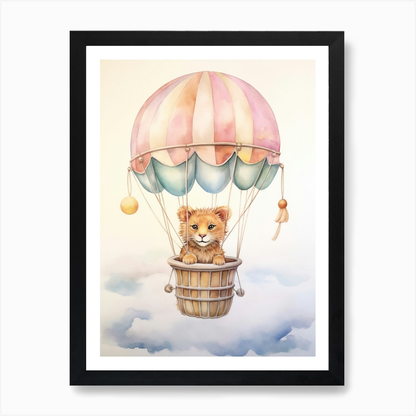 Baby Lion 2 In A Hot Air Balloon Ar Framed Wall Art Poster Canvas Print Picture