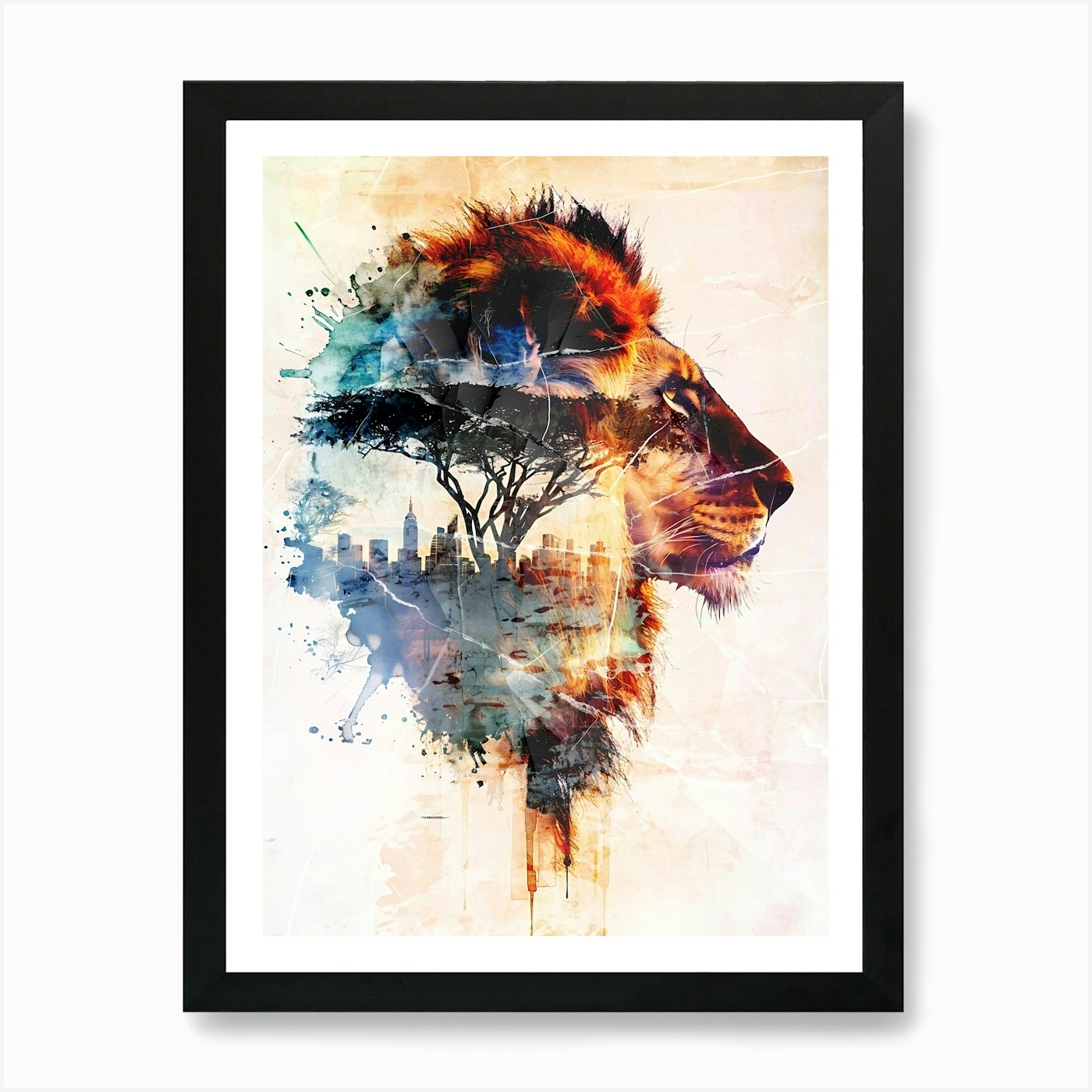 Poster Lion Africa Wild Animal Illu Framed Wall Art Poster Canvas Print Picture