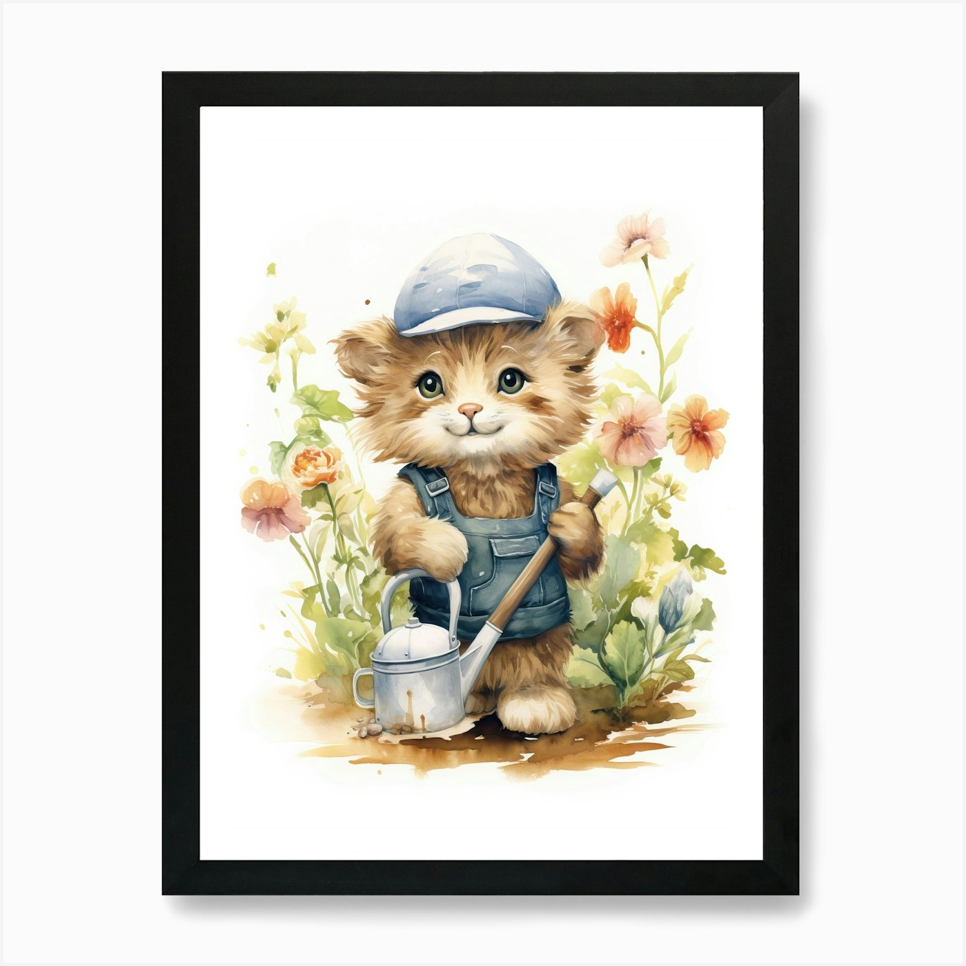 Gardening Watercolour Lion Art Pain Framed Wall Art Poster Canvas Print Picture