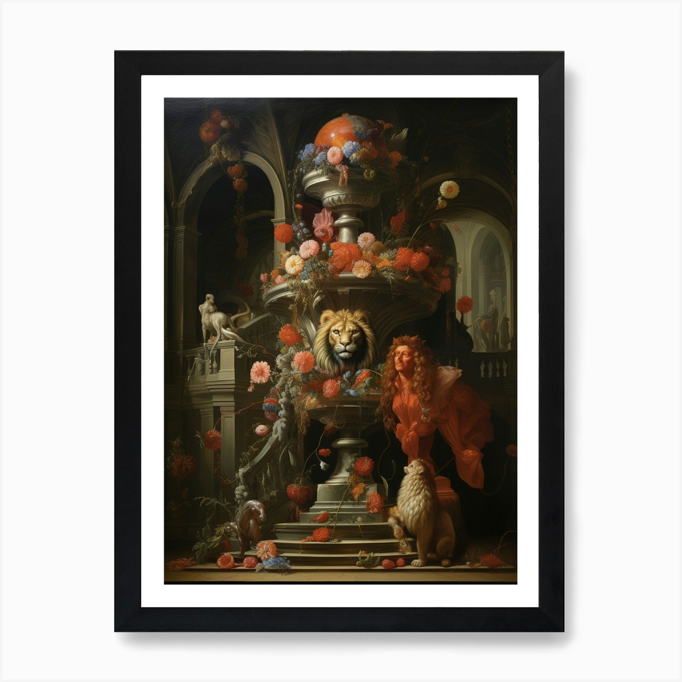 Lion In A Fountain Art Print Framed Wall Art Poster Canvas Print Picture