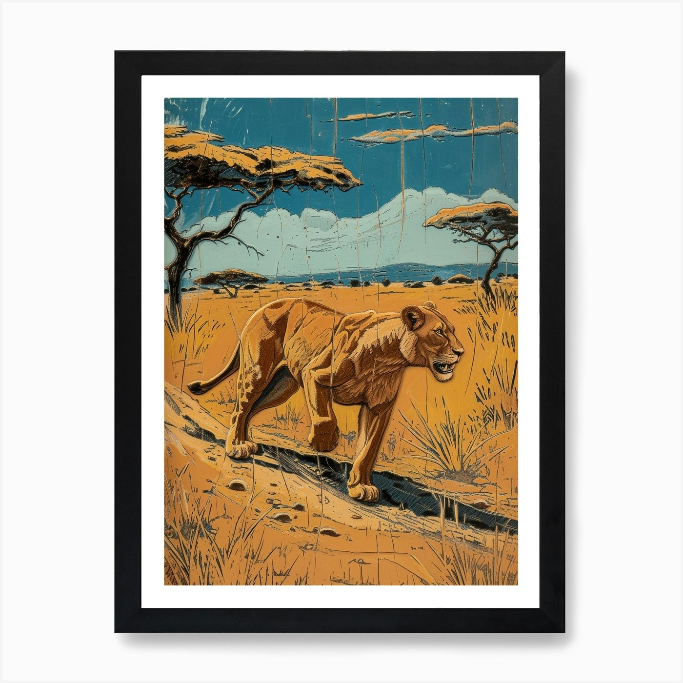 African Lion Relief Illustration Hu Framed Wall Art Poster Canvas Print Picture