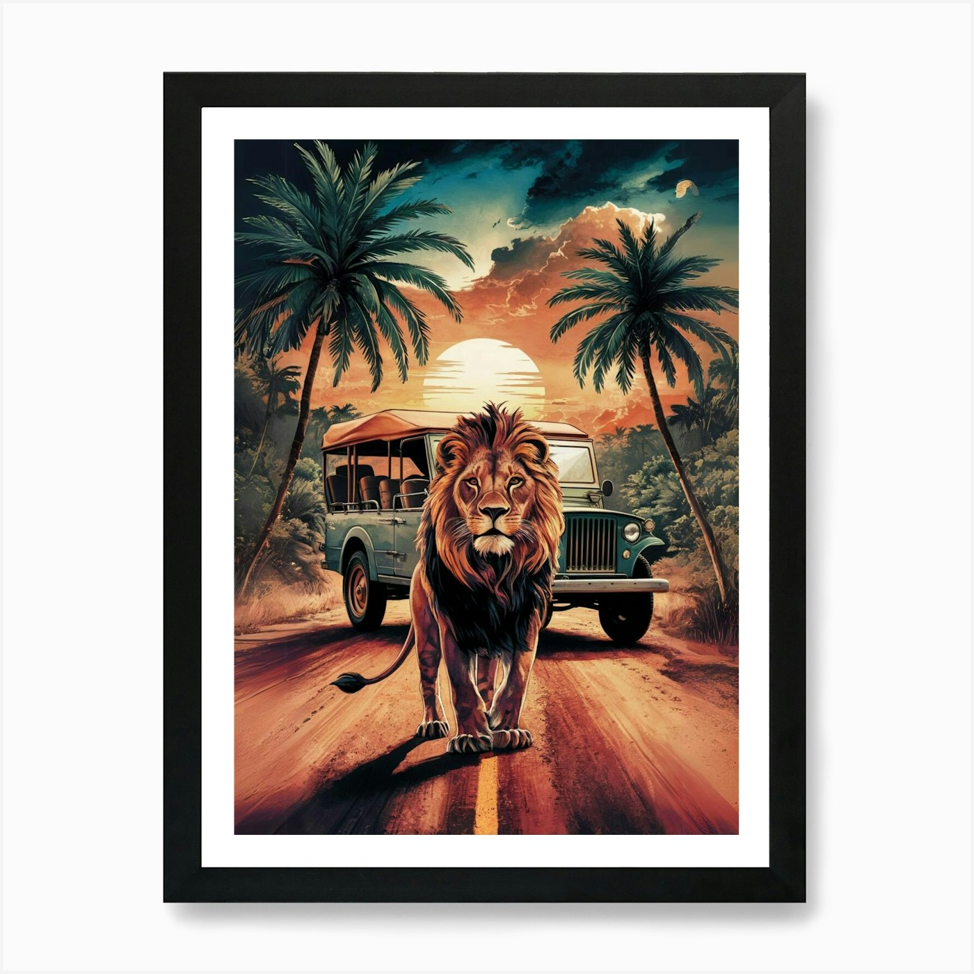 Lion On The Road Art Print Framed Wall Art Poster Canvas Print Picture
