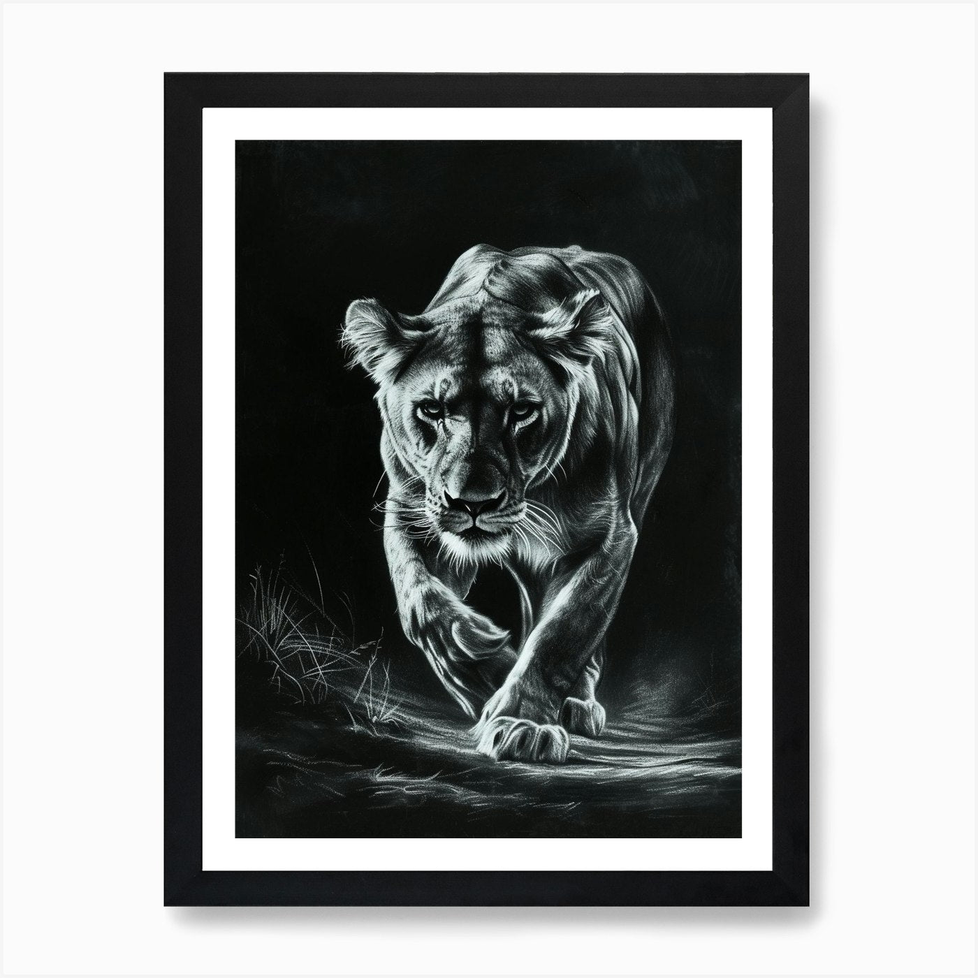 African Lion Charcoal Drawing Lione Framed Wall Art Poster Canvas Print Picture