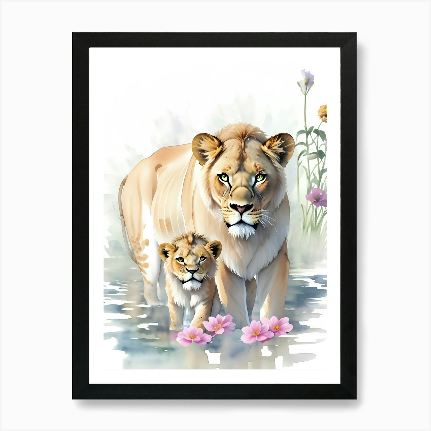 Lion And Cub 3 Art Print Framed Wall Art Poster Canvas Print Picture