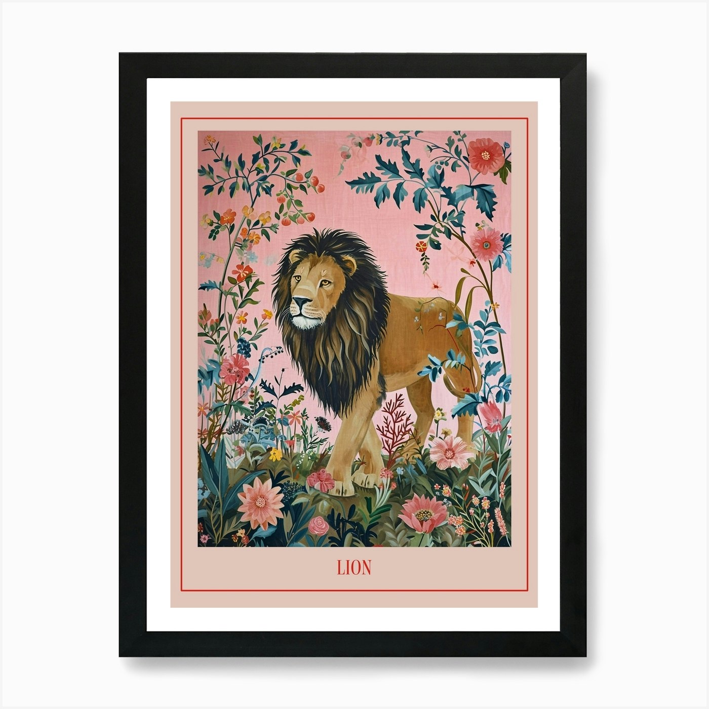 Floral Animal Painting Lion 3 Poste Framed Wall Art Poster Canvas Print Picture