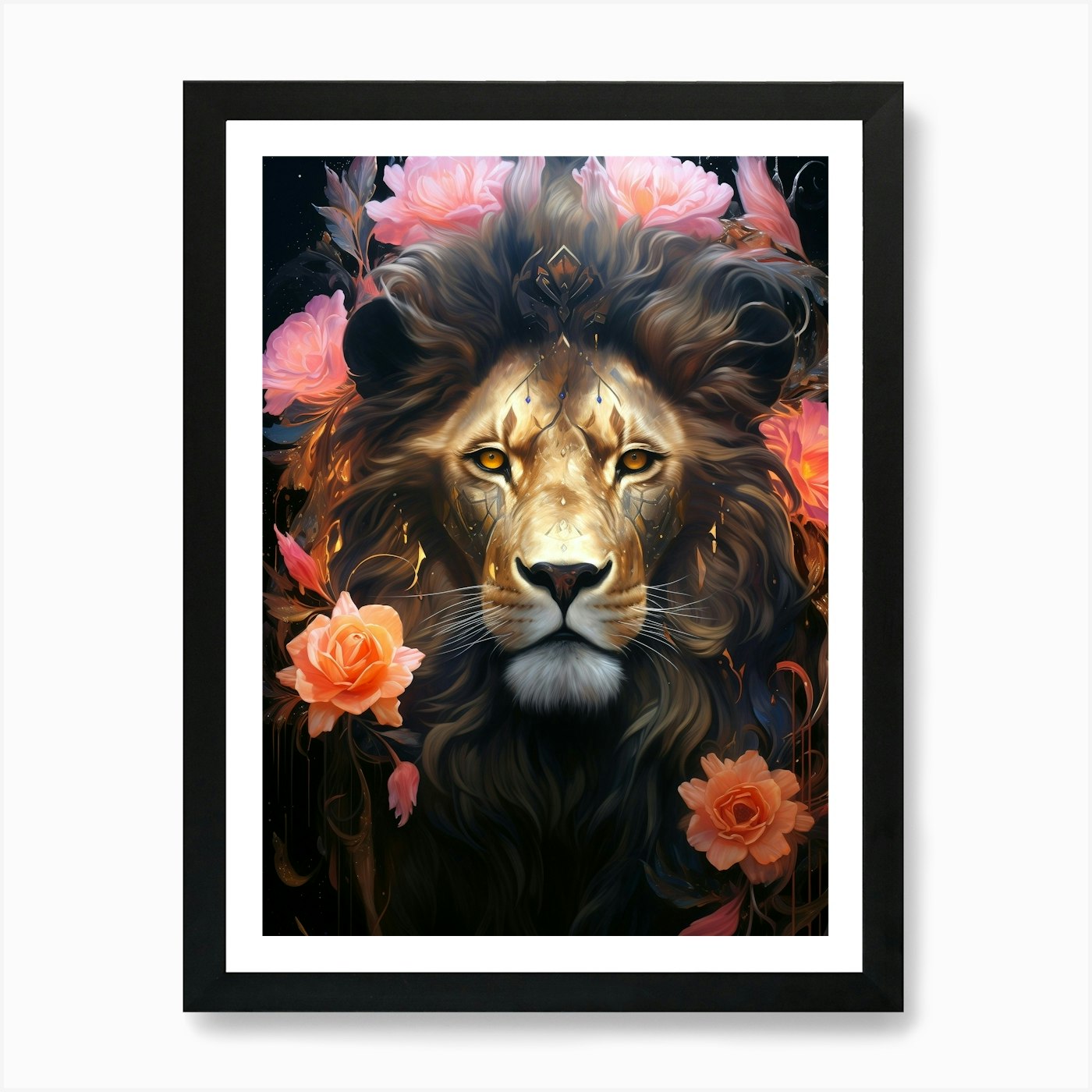 Lion With Roses 1 Art Print Framed Wall Art Poster Canvas Print Picture