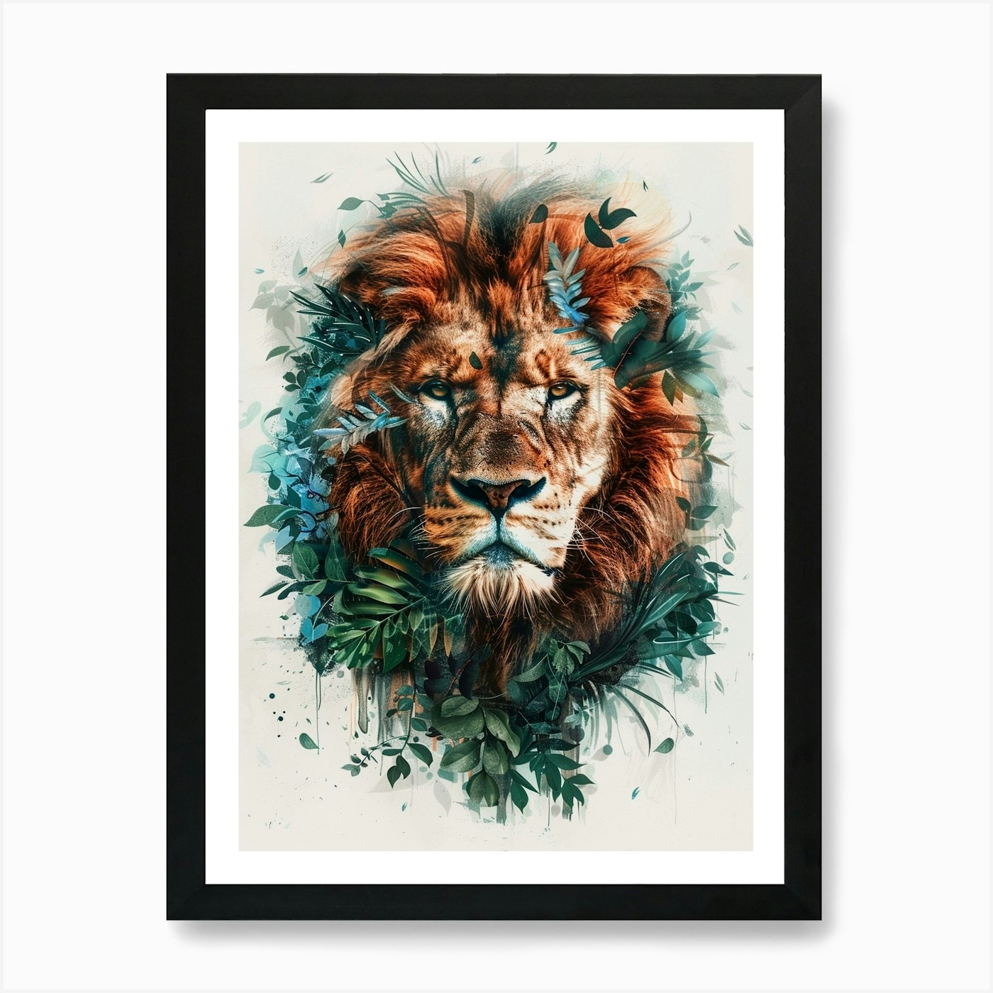 Double Exposure Realistic Lion With Framed Wall Art Poster Canvas Print Picture