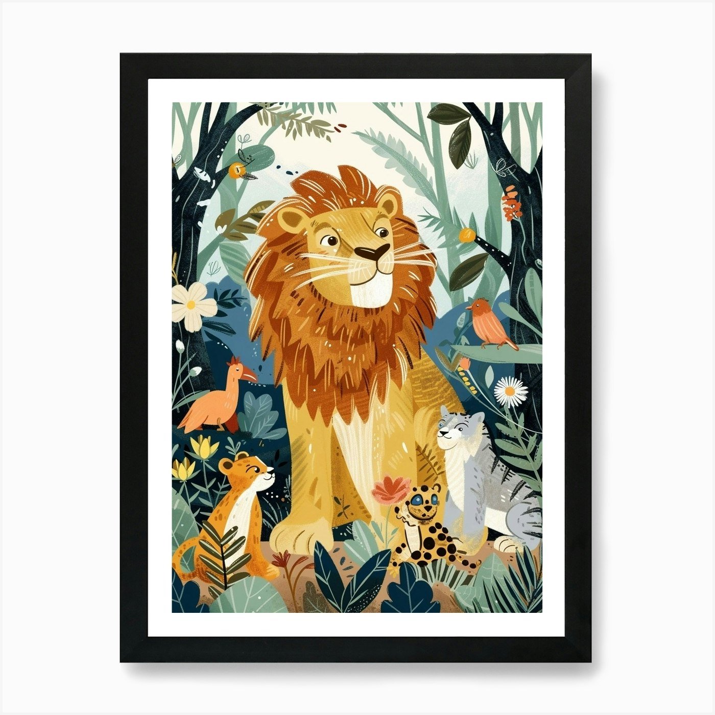 African Lion Interaction With Other Framed Wall Art Poster Canvas Print Picture