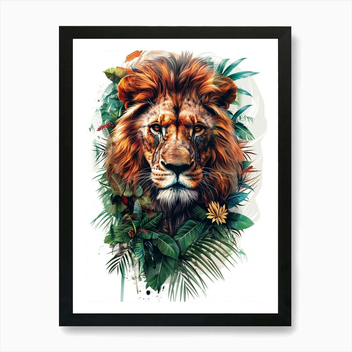 Double Exposure Realistic Lion With Framed Wall Art Poster Canvas Print Picture
