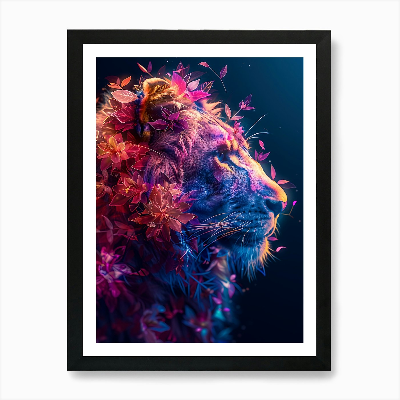 Lion With Flowers 20 Art Print Framed Wall Art Poster Canvas Print Picture