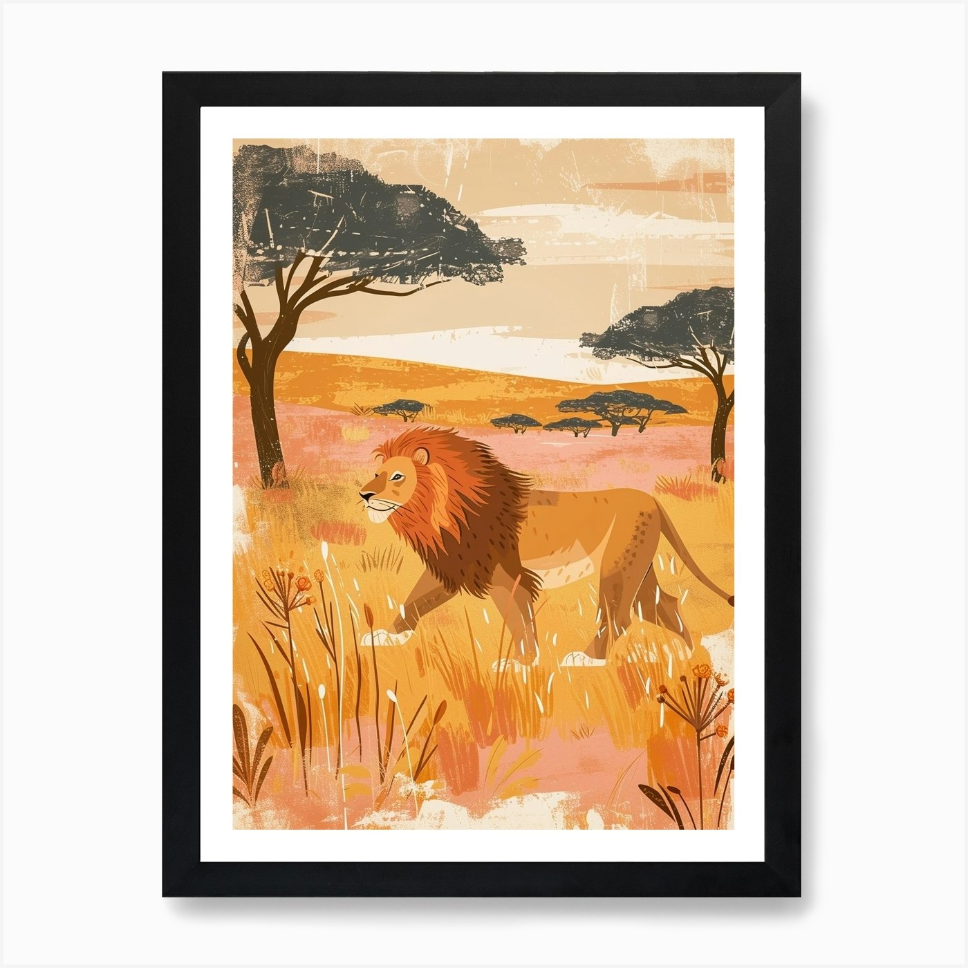 African Lion Hunting In The Savanna Framed Wall Art Poster Canvas Print Picture