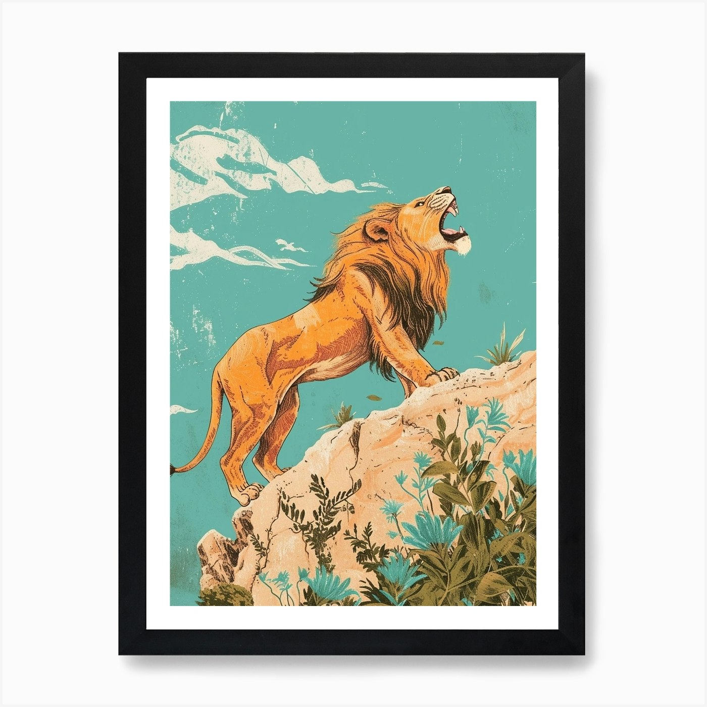 Barbary Lion Roaring On A Cliff Ill Framed Wall Art Poster Canvas Print Picture