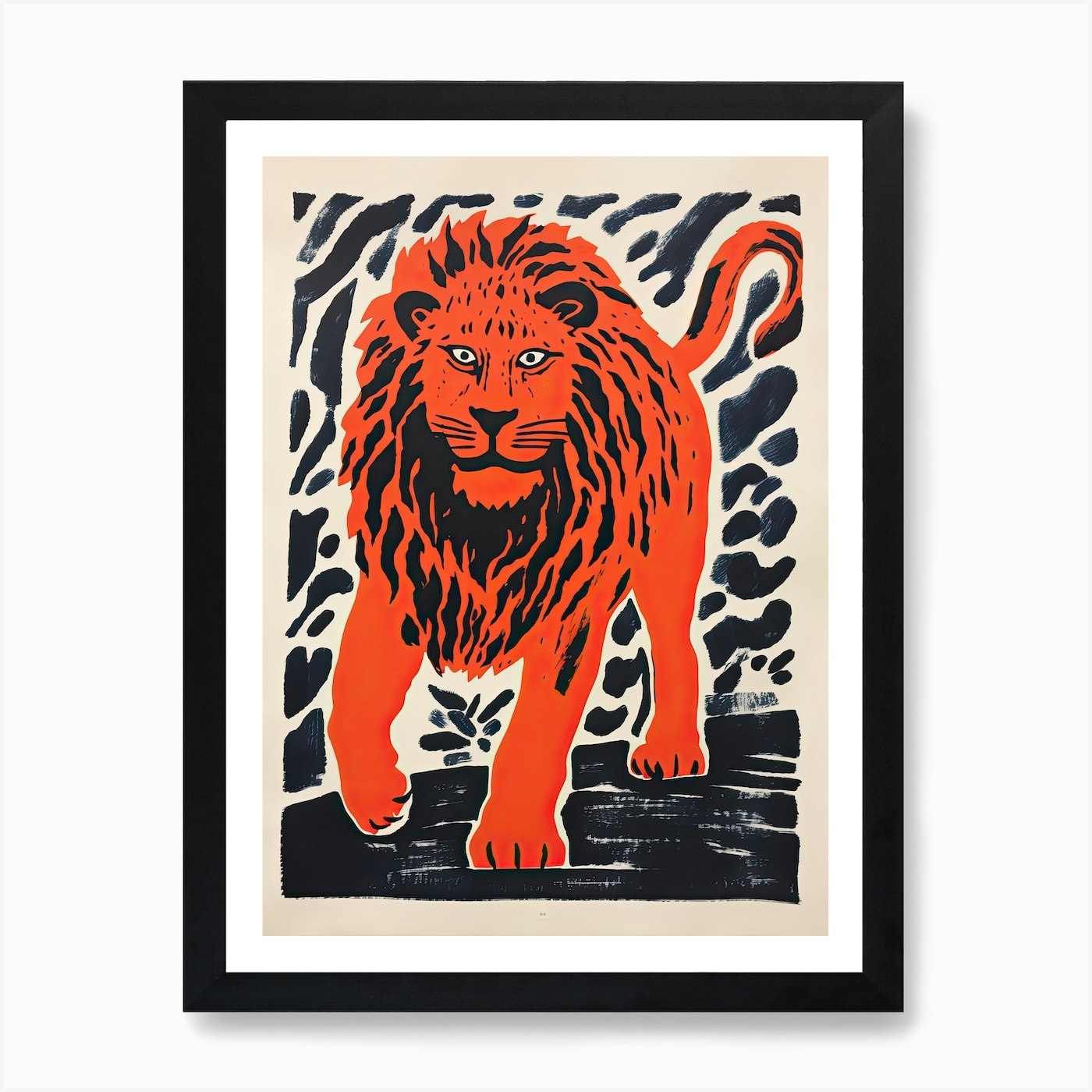 Lion, Woodblock Animal Drawing 1 Ar Framed Wall Art Poster Canvas Print Picture