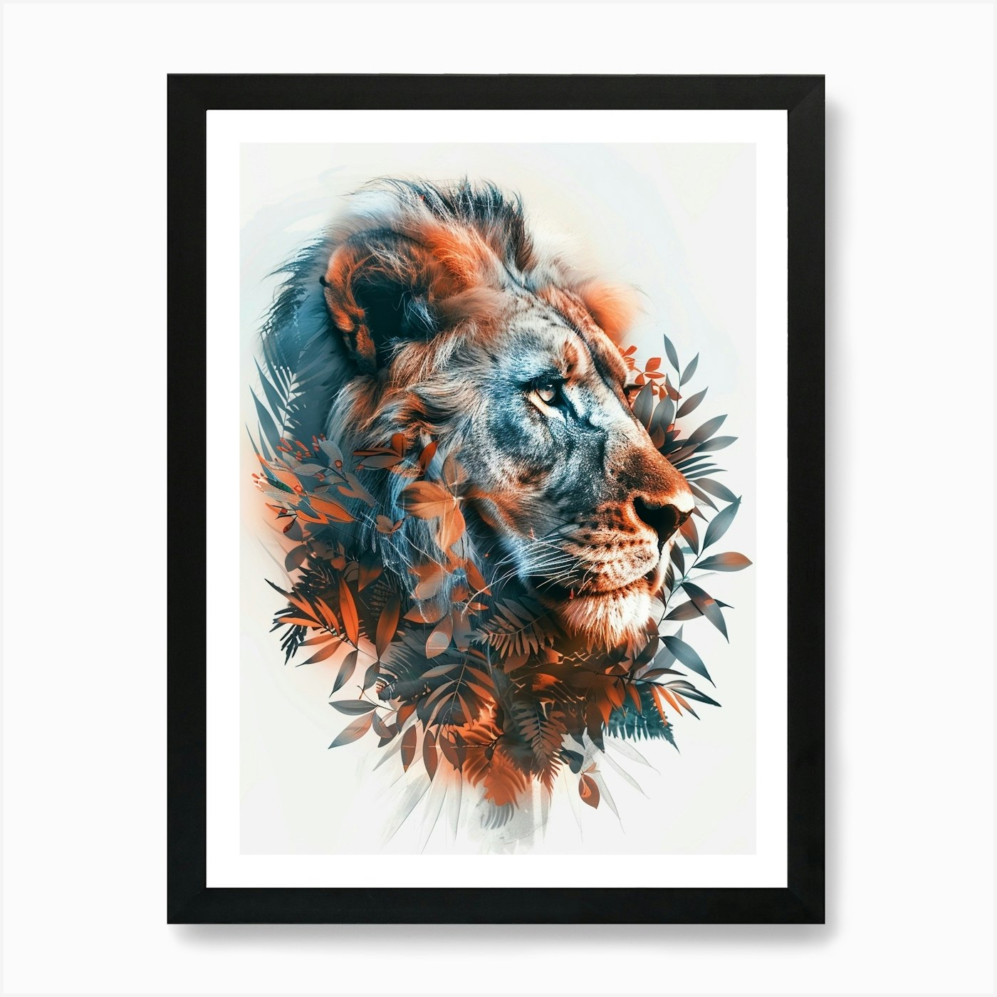 Double Exposure Realistic Lion With Framed Wall Art Poster Canvas Print Picture