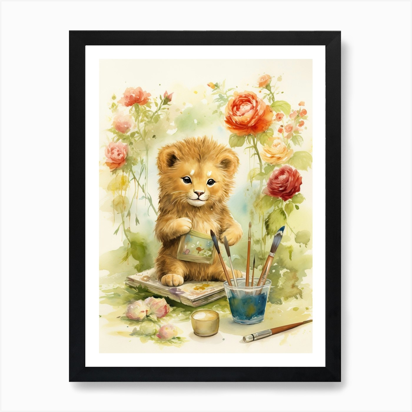Writing Watercolour Lion Art Painti Framed Wall Art Poster Canvas Print Picture