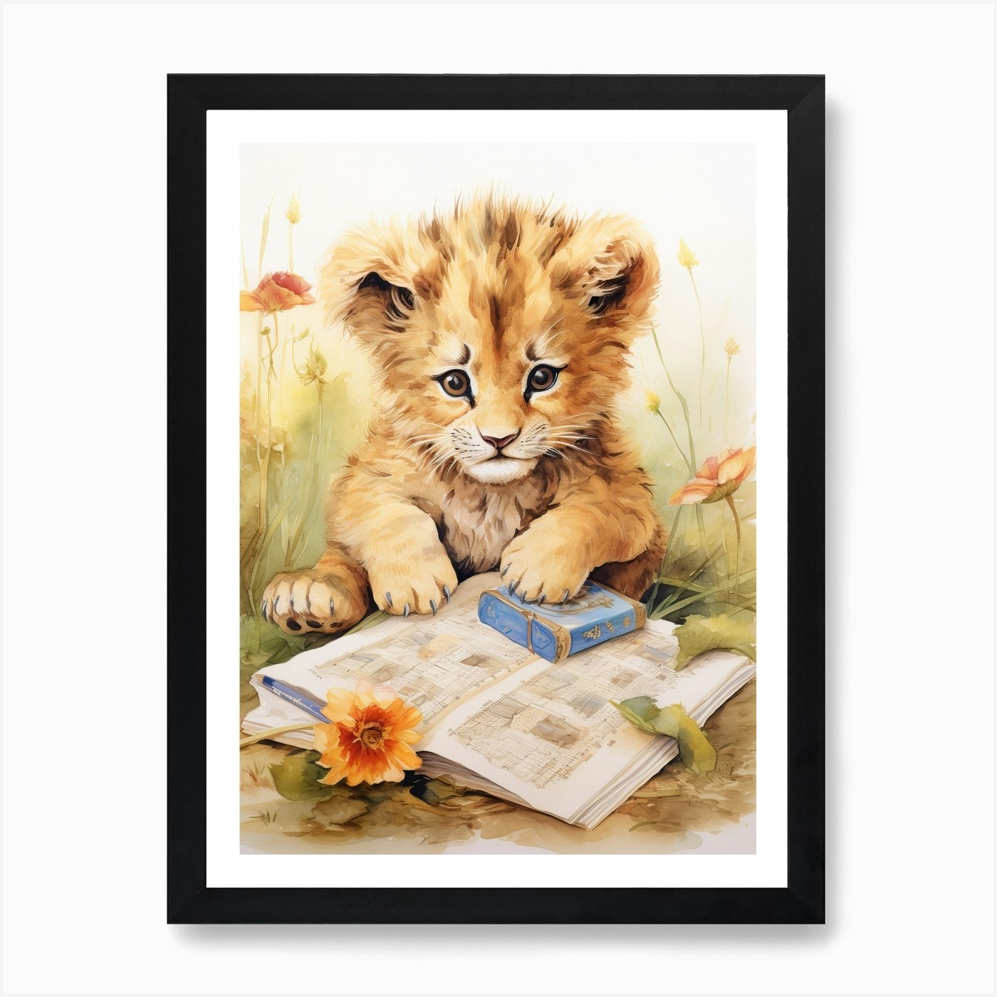 Solving Puzzles Watercolour Lion Ar Framed Wall Art Poster Canvas Print Picture