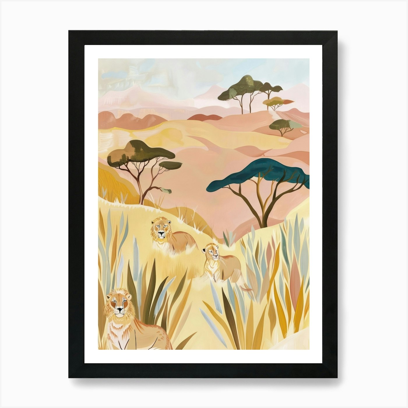 Lions Pastels Jungle Illustration 4 Framed Wall Art Poster Canvas Print Picture