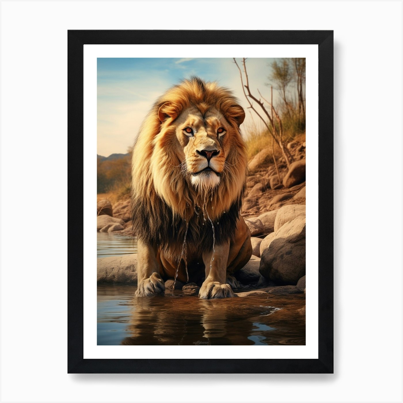 African Lion Drinking From A Stream Framed Wall Art Poster Canvas Print Picture