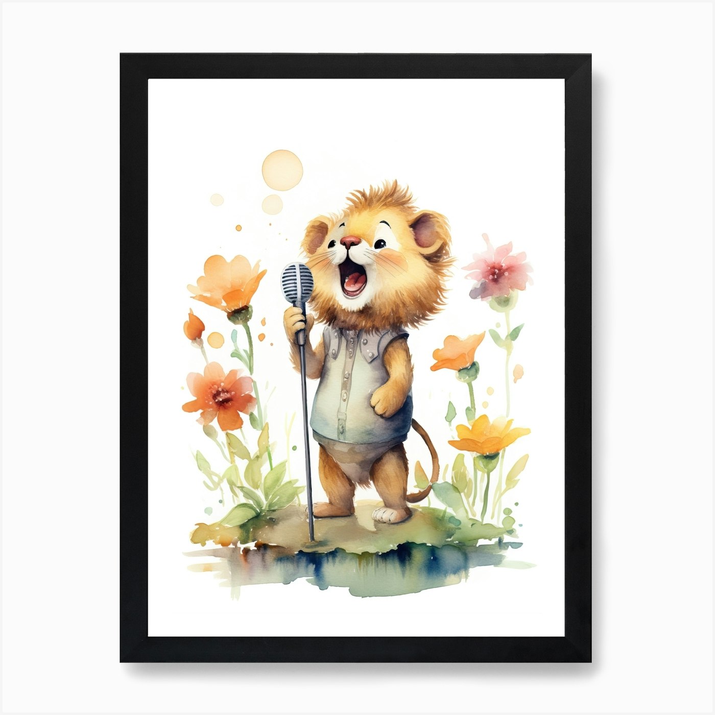 Singing Watercolour Lion Art Painti Framed Wall Art Poster Canvas Print Picture