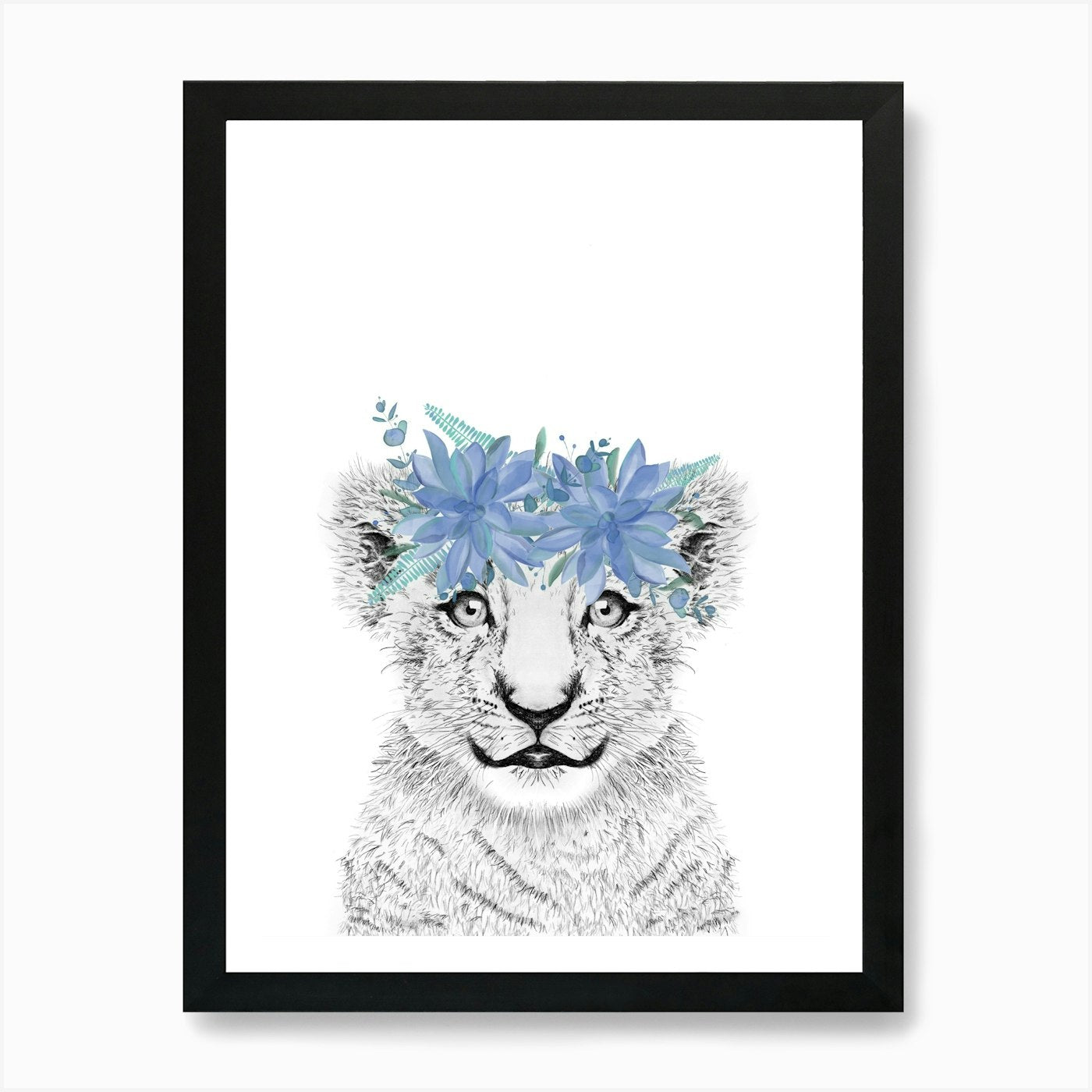 Lion Cub with flower crown kids bab Framed Wall Art Poster Canvas Print Picture