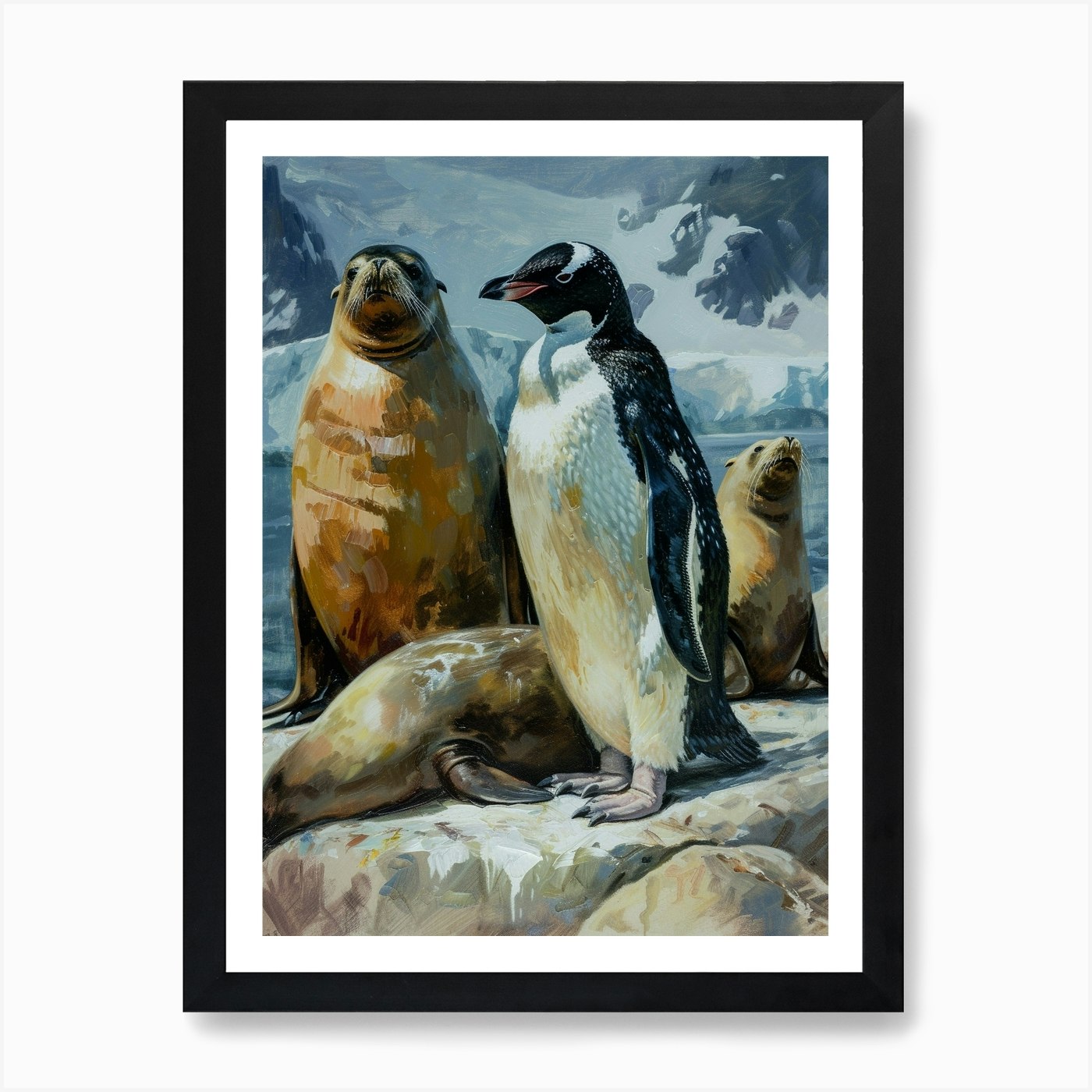 Adlie Penguin Sea Lion Island Oil P Framed Wall Art Poster Canvas Print Picture